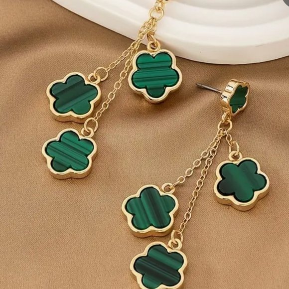 Fashion Jewelry Jewelry - Green Flower Five-leaf Clover Trio Dangle Earrings